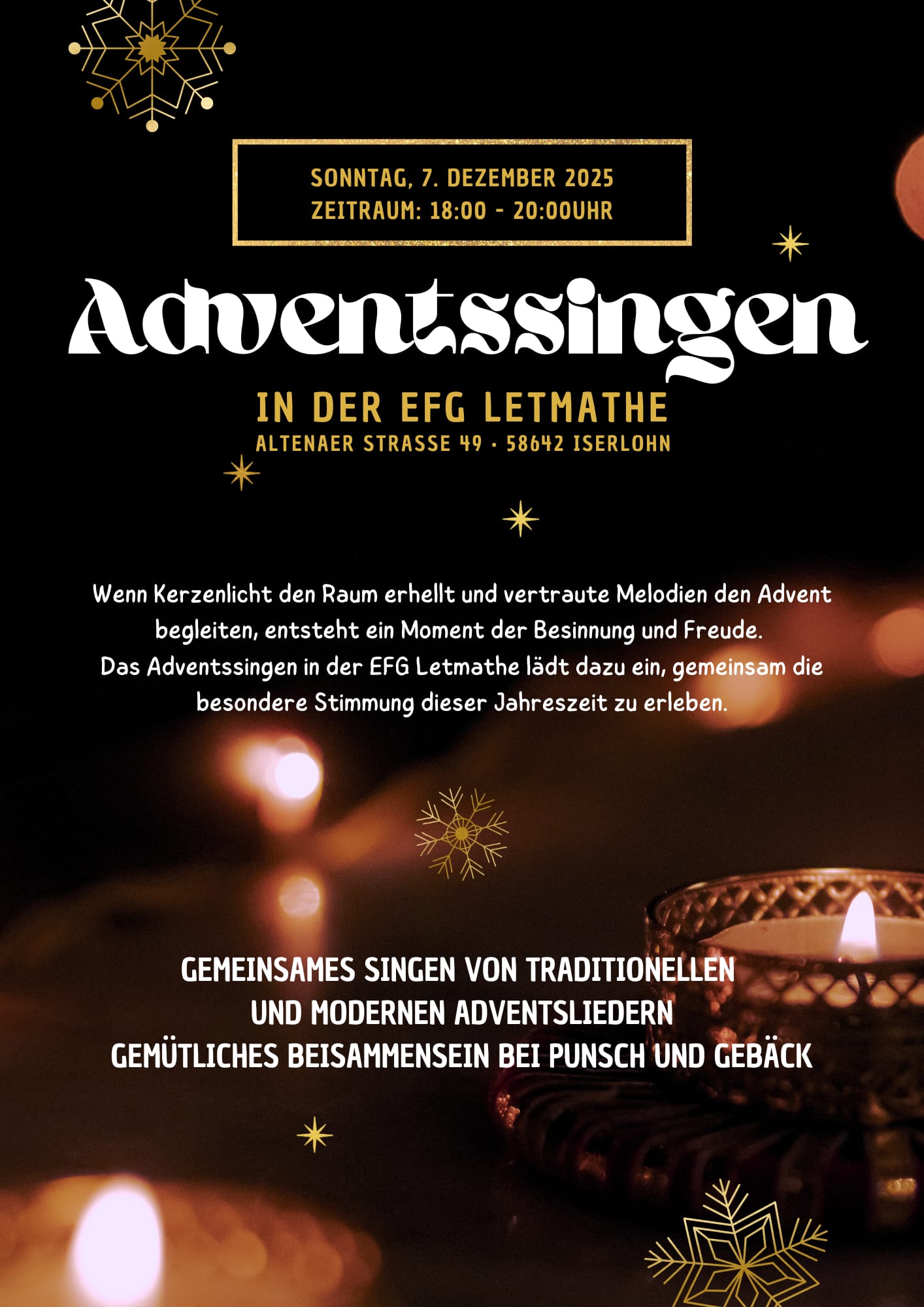 Herzliche Einladung zum &quot;Adventslieder singen&quot; am 07.12.2025, um 18:00 Uhr mit Glühpunsch und Keksen.